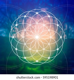 Flower of life - the interlocking circles ancient symbol in front of blurred photorealistic landscape background. Sacred geometry - mathematics and spirituality in nature.