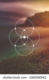 Flower of life interlocking circles and triangles sacred geometry illustration with golden ratio digits in front of photographic background.