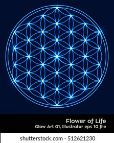 Flower of Life - intersecting circles forming the Flower of life, buddhism chakra vector illustration - Glowing