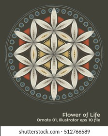 Flower of Life - intersecting circles forming the Flower of life, buddhism chakra illustration - Ornate