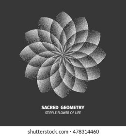 Flower of life . Isolated dotted sign , pointillism sacred geometry symbol . Halftone design element .