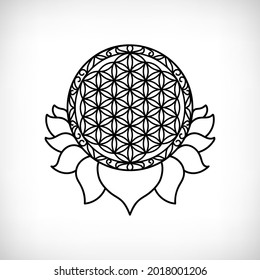 Flower of life with lotus petals, sacred geometry symbol. Esoteric pendant. Lotus flower esoteric icon, sacred spiritual symbol. Yoga sign vector illustration.