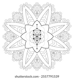 Flower of life  in mandala. Sacred geometry zentangle style illustration. Ornamental line art tarot deck design. Romantic esoteric vector art.