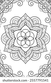 Flower of life  in mandala. Sacred geometry zentangle style illustration. Ornamental line art tarot deck design. Romantic esoteric vector art.