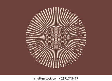 Flower of life, retro spiritual mandala, Sacred Geometry. Vintage radiant rays symbol of harmony and balance. Mystical talisman, round vector isolated on brown background 