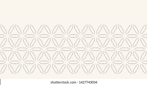 Flower of life running stitch embroidery border pattern. Simple needlework seamless vector background. Hand drawn geometric floral textile trim edge. Ecru cream home decor. Monochrome sashiko style.
