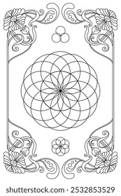 Flower of life sacred geometry art nouveau style illustration. Tarot deck design. Romantic esoteric vector art.