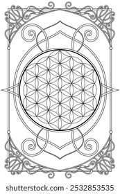 Flower of life sacred geometry art nouveau style illustration. Tarot deck design. Romantic esoteric vector art.