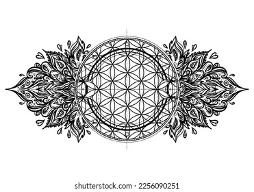 Flower of life, Sacred Geometry. Ayurveda symbol of harmony and balance, universe. Tattoo flesh design, yoga logo. Boho print, poster, t-shirt textile. Anti stress book. Isolated vector illustration.