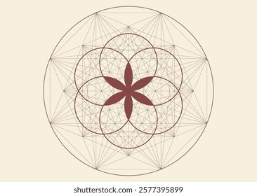 Flower of Life, Sacred Geometry. Geometric mystic mandala of alchemy esoteric symbol. Mystical Seed of Life outline vector divine meditative amulet isolated on vintage background