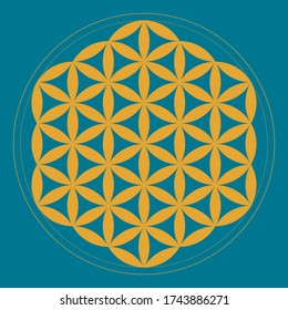 Flower of life sacred geometry. 
Geometrical shape composed of multiple evenly spaced,
 overlapping circles arranged in a flower. Spiritual symbol.
