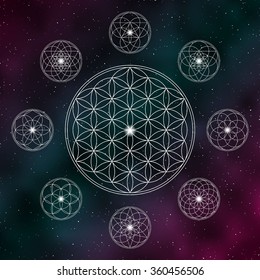 Flower of life. Sacred geometry icons on the cosmic background