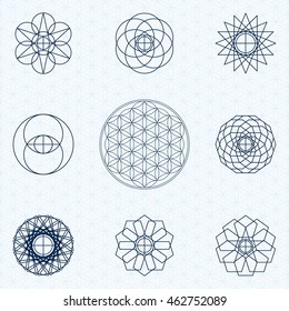 Flower of life. Sacred geometry linear contour icons. Set of icons can be quickly repainted in any color. Vector. Background - seamless pattern