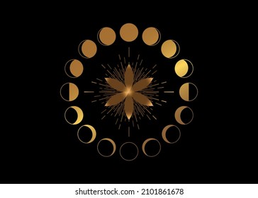 Flower of Life. Sacred geometry, Moon Phases, geometric elements. Gold Mystic icon Seed of life, abstract geometric drawing, crop circles. Vector isolated on black background