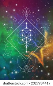 Flower of life sacred geometry poster with golden ratio numbers, interlocking circles, triangles and squares, flows of energy and particles in front of outer space background. The formula of nature.