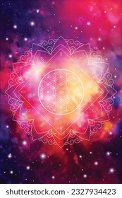 Flower of life sacred geometry poster with golden ratio numbers, interlocking circles, triangles and squares, flows of energy and particles in front of outer space background. The formula of nature.