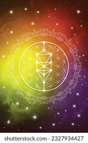 Flower of life sacred geometry poster with golden ratio numbers, interlocking circles, triangles and squares, flows of energy and particles in front of outer space background. The formula of nature.