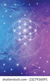Flower of life sacred geometry poster with golden ratio numbers, interlocking circles, triangles and squares, flows of energy and particles in front of outer space background. The formula of nature.