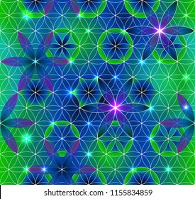 Flower of Life. Sacred geometry. Seamless pattern. Green and purple. Luminous points