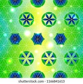 Flower of Life. Sacred geometry. Seamless pattern. Green and purple. Luminous