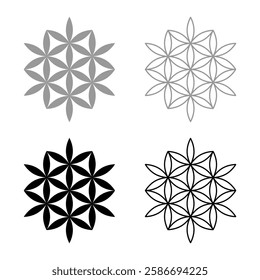 Flower of life Sacred geometry set icon grey black color vector illustration image solid fill outline contour line thin flat style