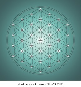 Flower of life, sacred geometry. Shiny emblem of life harmony. shiny dark circles on green background. flower design elements. Vector illustration 