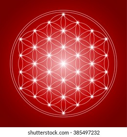 Flower of life, sacred geometry. Shiny emblem of life harmony. shiny white circles on red background. flower design elements. Vector illustration 
