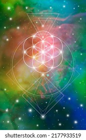 Flower of life sacred geometry spiritual new age futuristic illustration with transmutation interlocking circles, triangles and glowing particles in front of cosmic background