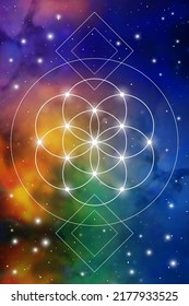 Flower of life sacred geometry spiritual new age futuristic illustration with transmutation interlocking circles, triangles and glowing particles in front of cosmic background