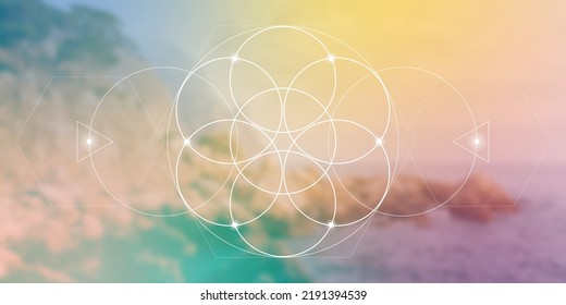 Flower of life sacred geometry spiritual new age futuristic illustration with interlocking circles, triangles and glowing particles in front of blurry natural photographic background