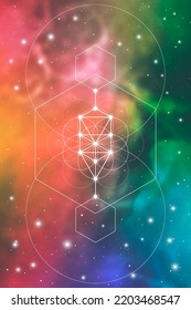 Flower of life sacred geometry spiritual new age futuristic illustration with transmutation interlocking circles, triangles and glowing particles in front of cosmic background