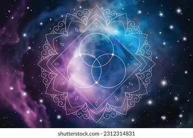 Flower of life. Sacred geometry spiritual new age futuristic illustration with transmutation interlocking circles, triangles and glowing particles in front of cosmic background.