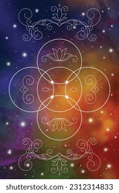 Flower of life. Sacred geometry spiritual new age futuristic illustration with transmutation interlocking circles, triangles and glowing particles in front of cosmic background.