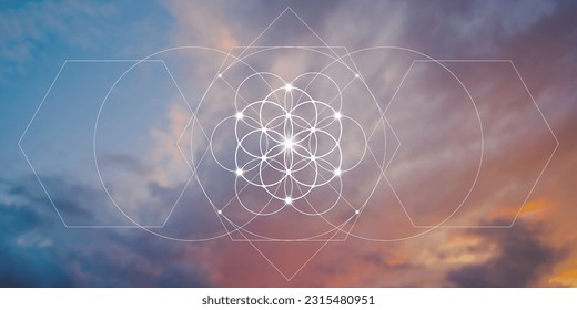 Flower of life sacred geometry spiritual new age futuristic illustration with transmutation interlocking circles and glowing particles on clouds. Formula of nature. Science and spirituality concept.