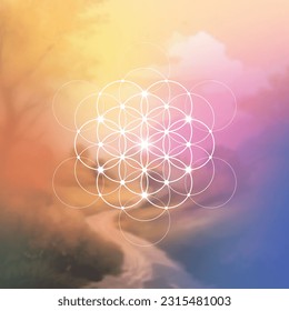 Flower of life sacred geometry spiritual new age futuristic illustration with transmutation interlocking circles and glowing particles. Formula of nature. Science and spirituality concept.
