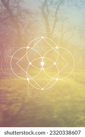 Flower of life. Sacred geometry spiritual new age futuristic illustration with interlocking circles, triangles and glowing particles. Formula of nature.