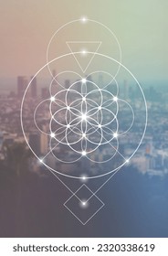 Flower of life. Sacred geometry spiritual new age futuristic illustration with interlocking circles, triangles and glowing particles. Formula of nature.
