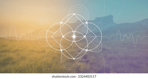 Flower of life. Sacred geometry spiritual new age futuristic illustration with transmutation interlocking circles, triangles and glowing particles. Formula of nature. Science and spirituality concept.