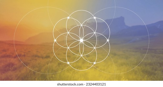 Flower of life. Sacred geometry spiritual new age futuristic illustration with transmutation interlocking circles, triangles and glowing particles. Formula of nature. Science and spirituality concept.