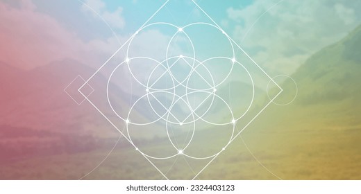 Flower of life. Sacred geometry spiritual new age futuristic illustration with transmutation interlocking circles, triangles and glowing particles. Formula of nature. Science and spirituality concept.