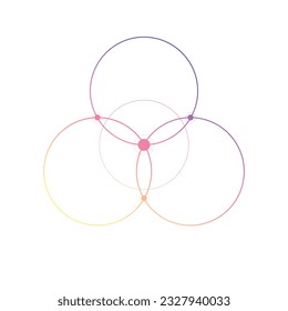 Flower of life sacred geometry spiritual new age futuristic illustration with interlocking circles and triangles on white.