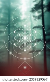 Flower of life. Sacred geometry spiritual new age futuristic illustration with transmutation interlocking circles, triangles and glowing particles