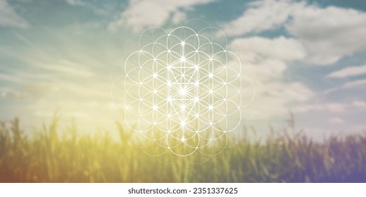 Flower of life sacred geometry spiritual new age futuristic illustration with transmutation interlocking circles, triangles and glowing particles
