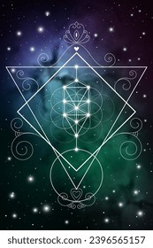 Flower of life sacred geometry spiritual new age futuristic illustration with transmutation interlocking circles, triangles and glowing particles in front of cosmic background
