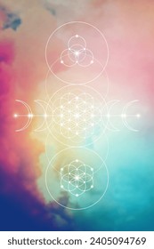 Flower of life sacred geometry spiritual new age futuristic illustration with transmutation interlocking circles, triangles and glowing particles