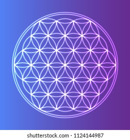 Flower of life. Sacred geometry, vector spiritual symbol. Silver neon vector illustration on gradient blue background.