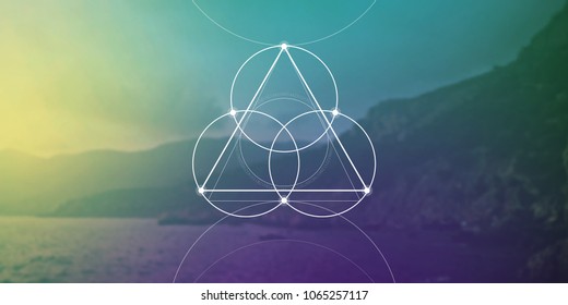 Flower of life sacred geometry web banner. Math, nature, and spirituality in nature. Interlocking circles and triangles hipster illustration with golden ratio digits.