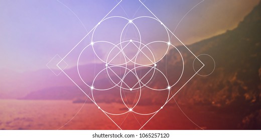 Flower of life sacred geometry web banner. Math, nature, and spirituality in nature. Interlocking circles and triangles hipster illustration with golden ratio digits.