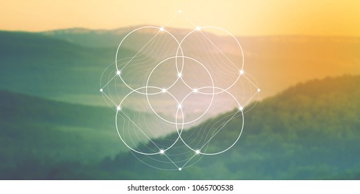 Flower of life sacred geometry web banner. Math, nature, and spirituality in nature. Interlocking circles and triangles hipster illustration in front of photographic background.