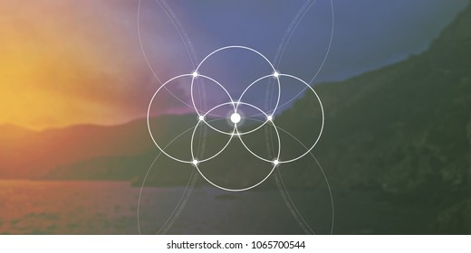 Flower of life sacred geometry web banner. Math, nature, and spirituality in nature. Interlocking circles and triangles hipster illustration with golden ratio digits.